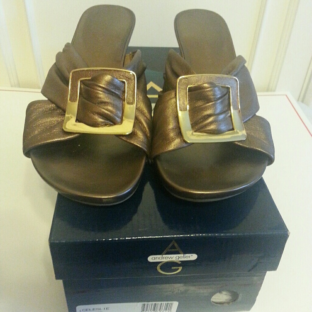 SOLD Bronze Leather 8.5M Open Slide Wedge Heel
