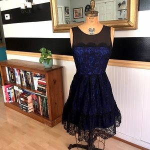 Anthropologie blue and black lace cocktail dress