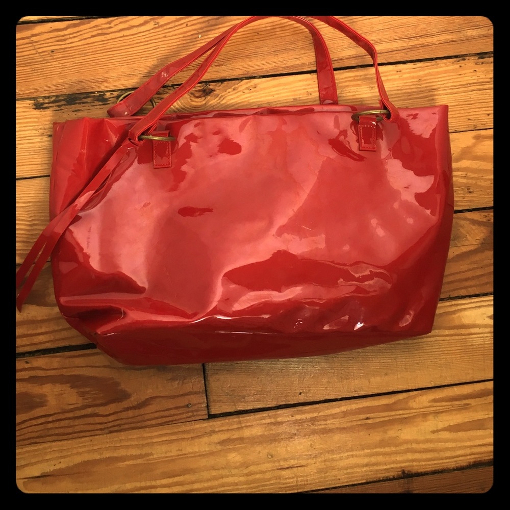 Vintage Neiman Marcus Tote - Red Patent with Brass