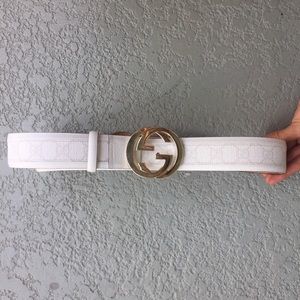 NEW Gucci White Leather Logo Embossed Belt