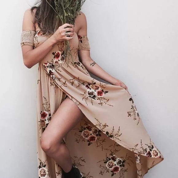 ☀️Sale☀️Apricot Off Shoulder Front Wrap Dress - Picture 7 of 8