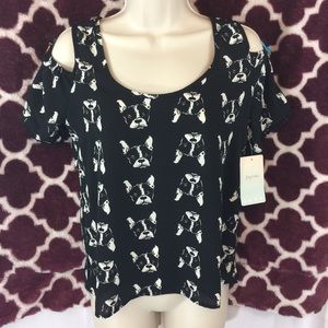 Boston Terrier Dog Pattern Black Cold Shoulder Top