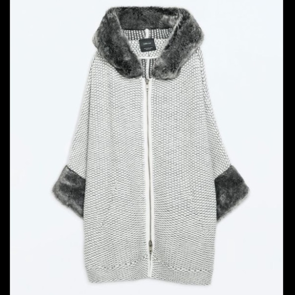 ZARA Knit fur trim jacket / poncho with hood