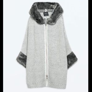 ZARA Knit fur trim jacket / poncho with hood