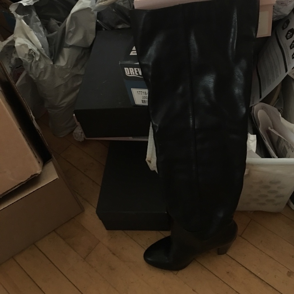 Black, faux leather, thigh high boots