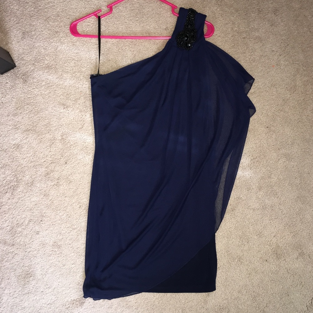 Off the shoulder blue and black detailing dress