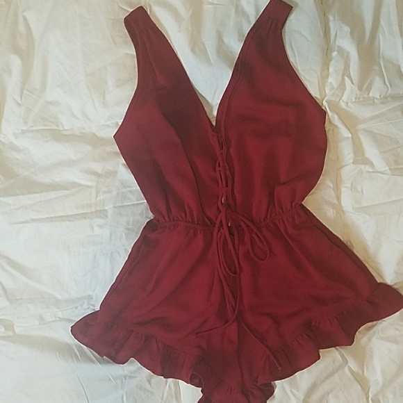 Sexy Lace Up Red Wine Romper size LARGE - Picture 2 of 5