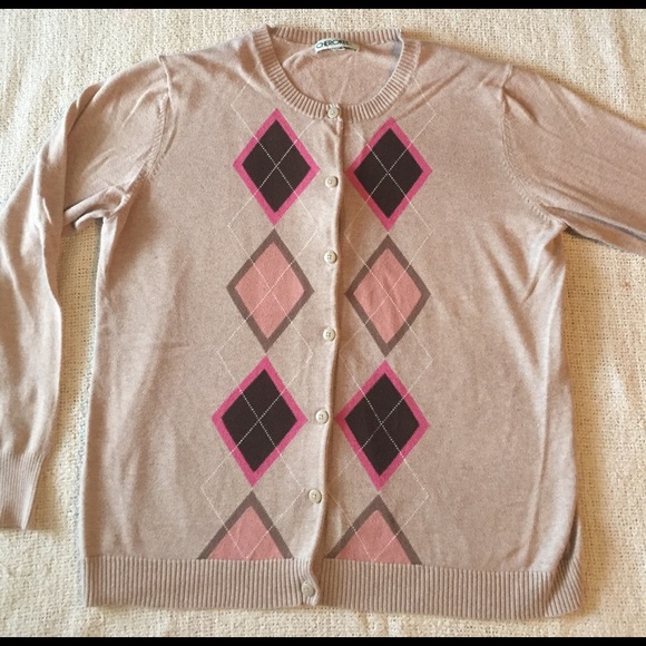 Cherokee Sweaters - Cherokee Cardigan Tan Argyle Sweater