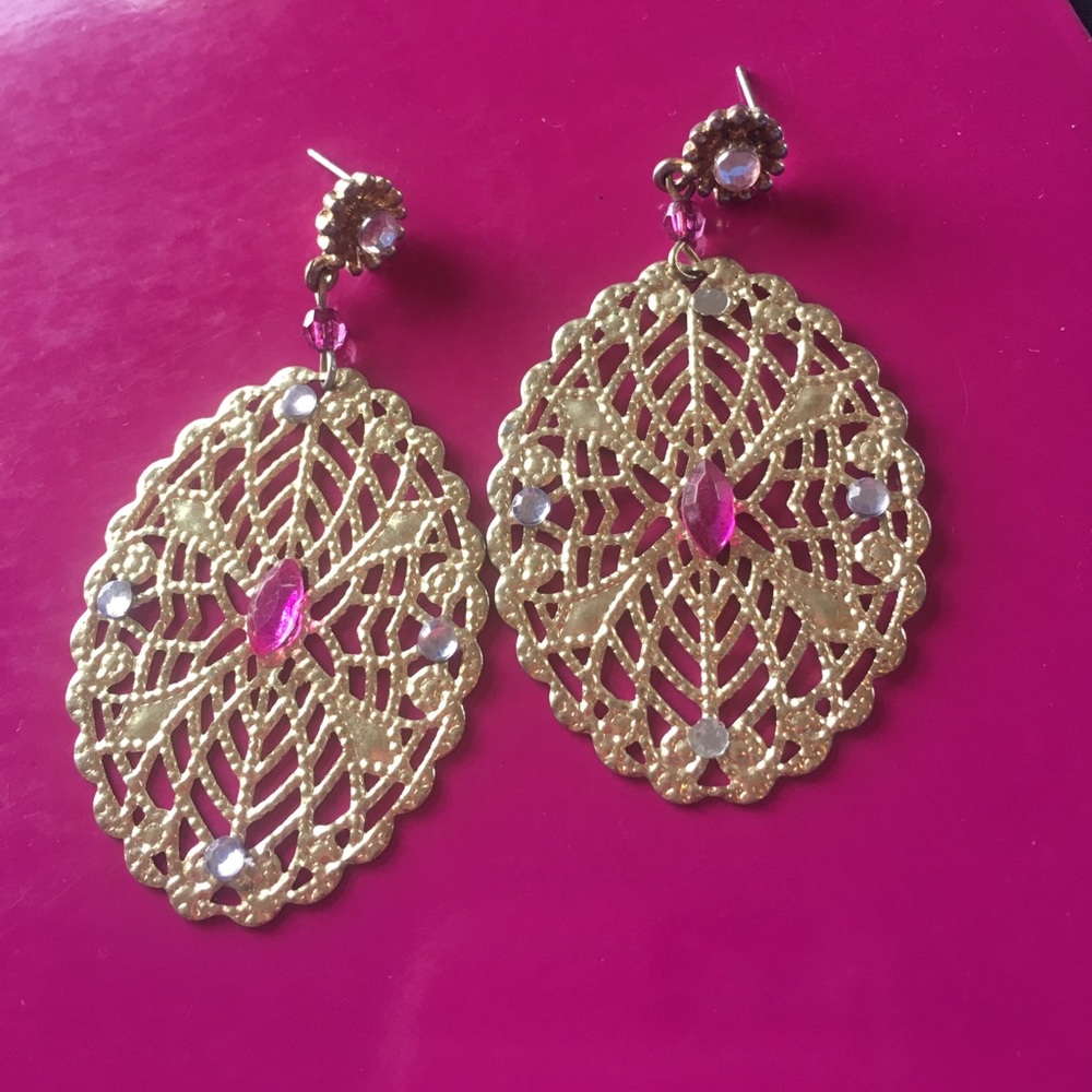 gold, pink and white diamond dangle earrings