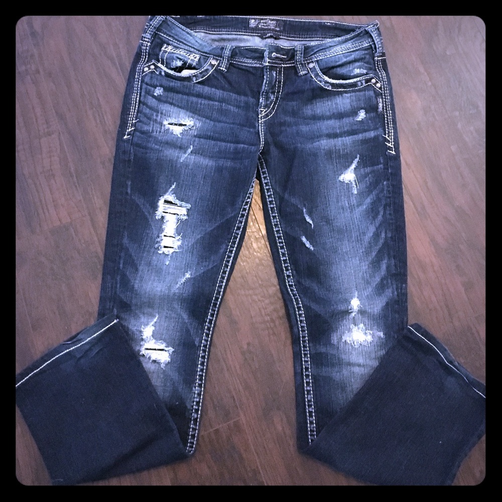 Silver AIKO jeans hemmed to 30' inseam