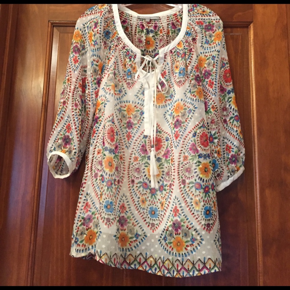 White sheer blouse with colorful print