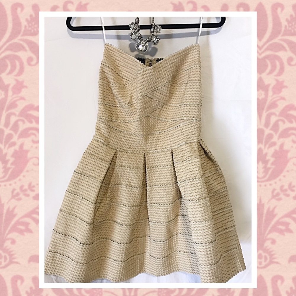 Beige Gracia strapless mini dress, NWT.