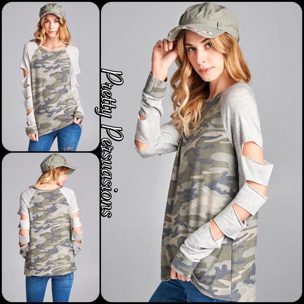 Washed Camo Raglan Slit Sleeve French Terry Top - Picture 2 of 5