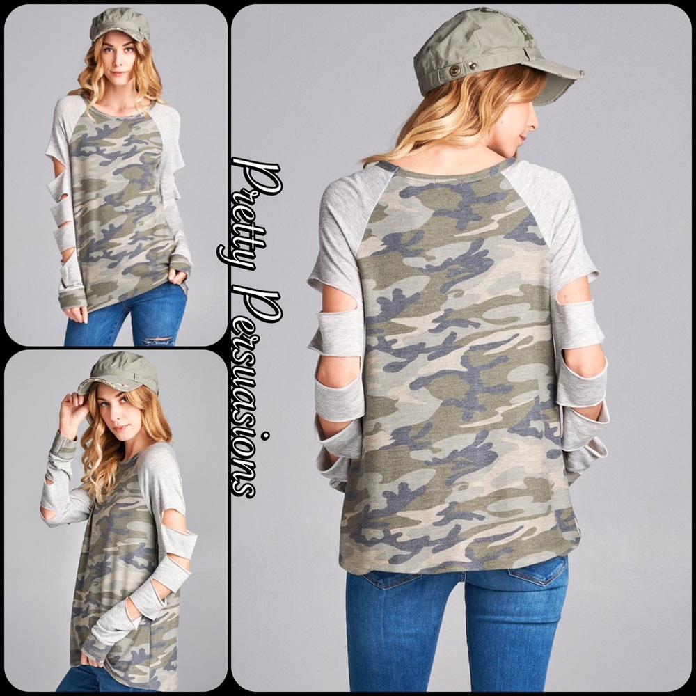 Washed Camo Raglan Slit Sleeve French Terry Top - Picture 3 of 5