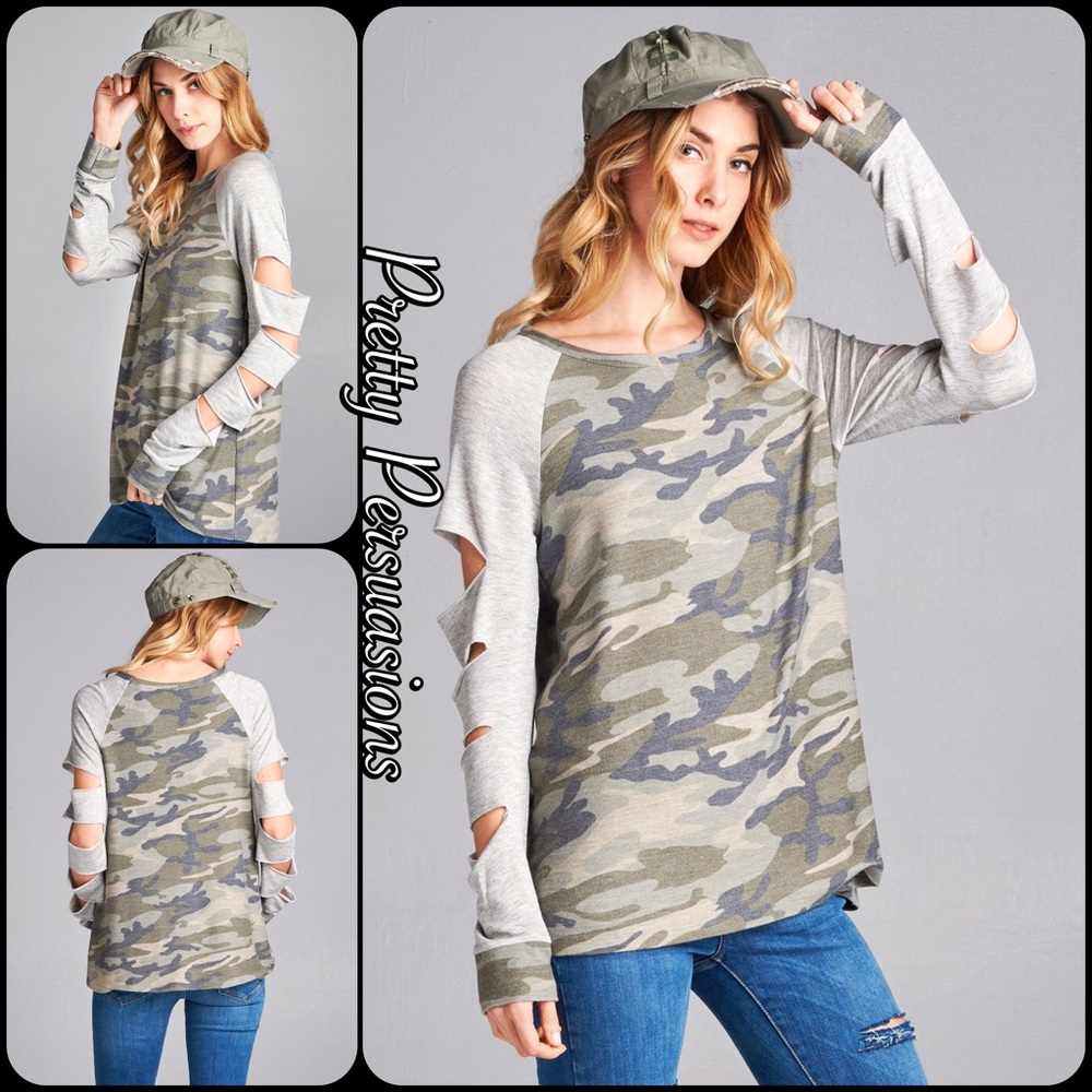 Washed Camo Raglan Slit Sleeve French Terry Top - Picture 4 of 5