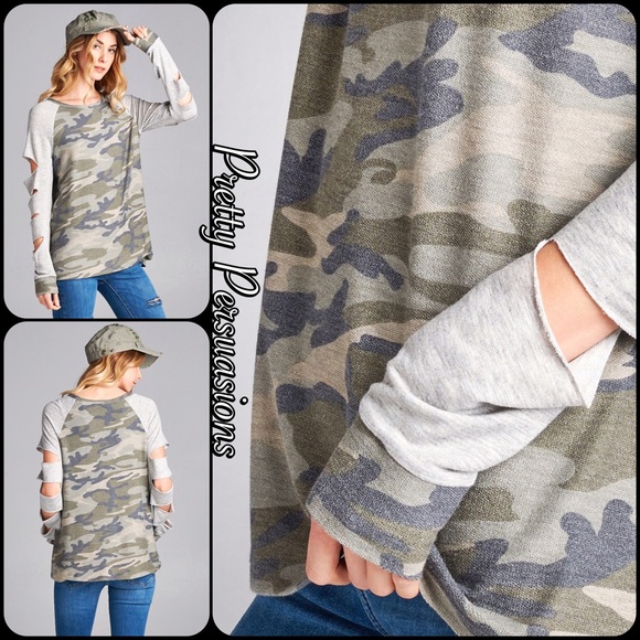 Washed Camo Raglan Slit Sleeve French Terry Top - Picture 5 of 5
