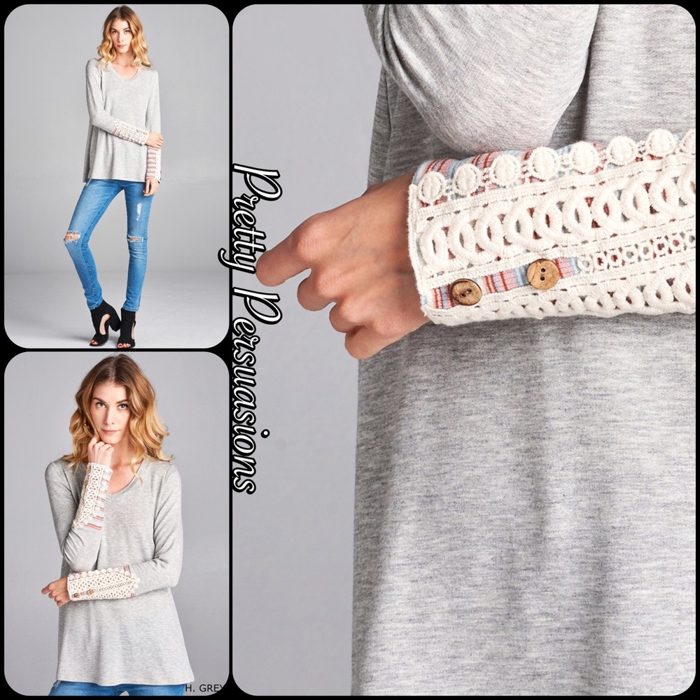 LAST ONE‼️Gray Long Sleeve Lace & Button Cuff Top - Picture 4 of 4