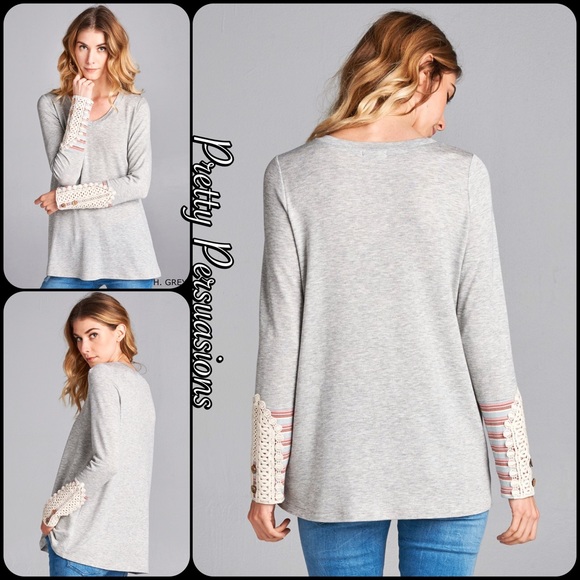 LAST ONE‼️Gray Long Sleeve Lace & Button Cuff Top - Picture 3 of 4