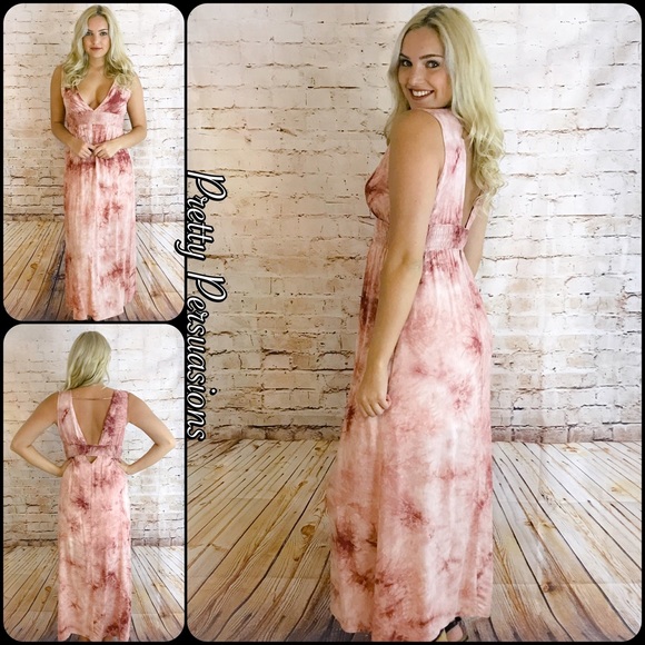 Blush White Tie Dyed Plunging V-Neck Maxi Dress - Picture 2 of 8