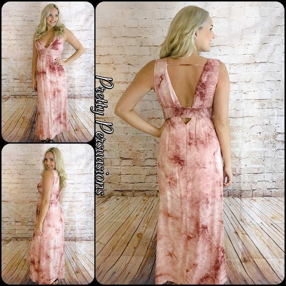 Blush White Tie Dyed Plunging V-Neck Maxi Dress - Picture 3 of 8