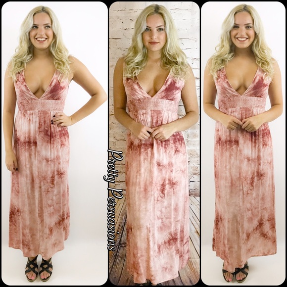 Blush White Tie Dyed Plunging V-Neck Maxi Dress - Picture 4 of 8