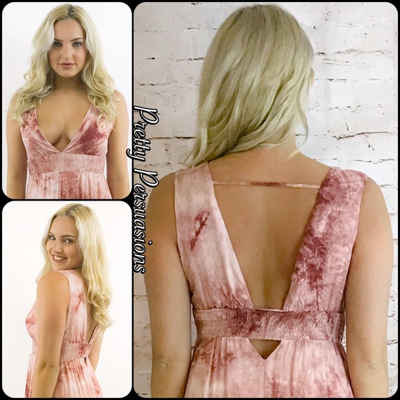 Blush White Tie Dyed Plunging V-Neck Maxi Dress - Picture 5 of 8