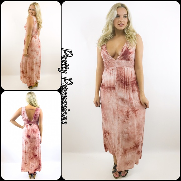 Blush White Tie Dyed Plunging V-Neck Maxi Dress - Picture 6 of 8