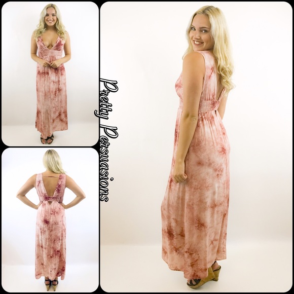Blush White Tie Dyed Plunging V-Neck Maxi Dress - Picture 7 of 8