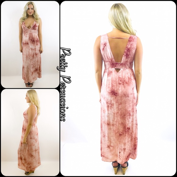 Blush White Tie Dyed Plunging V-Neck Maxi Dress - Picture 8 of 8