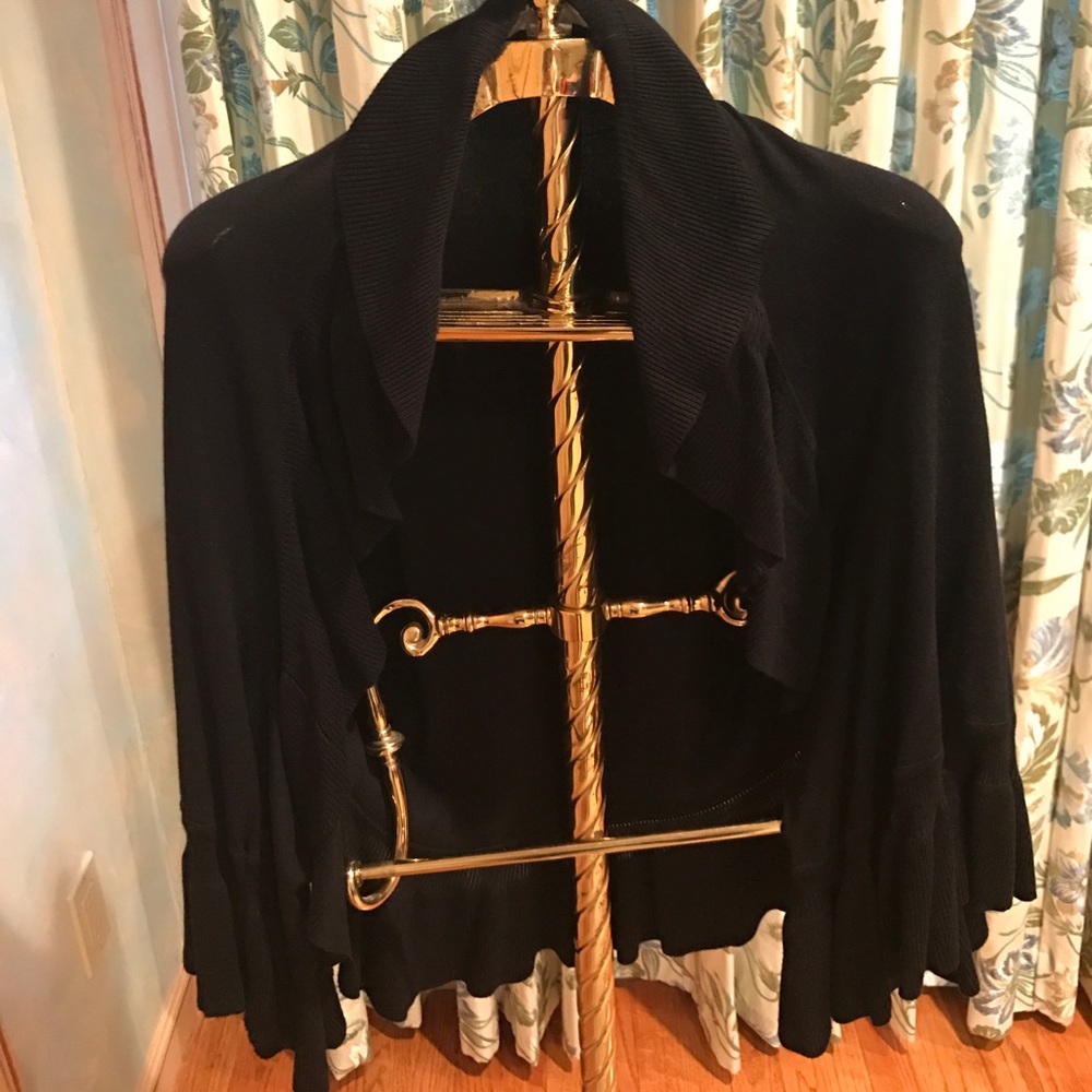 Black open cardigan with ruffled sleeves/hemline