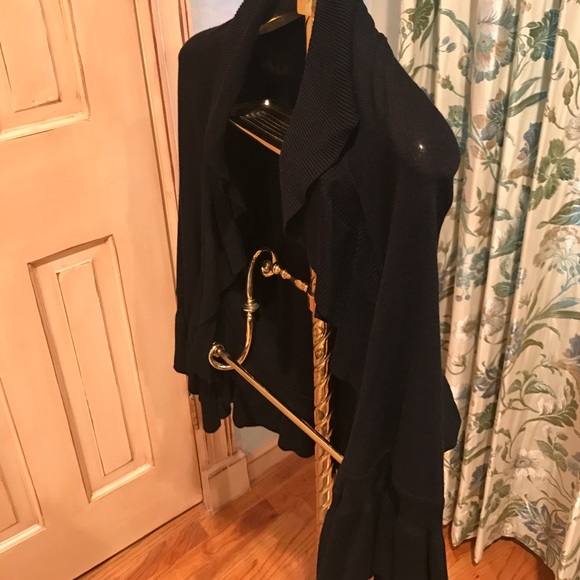 Black open cardigan with ruffled sleeves/hemline - Picture 2 of 4