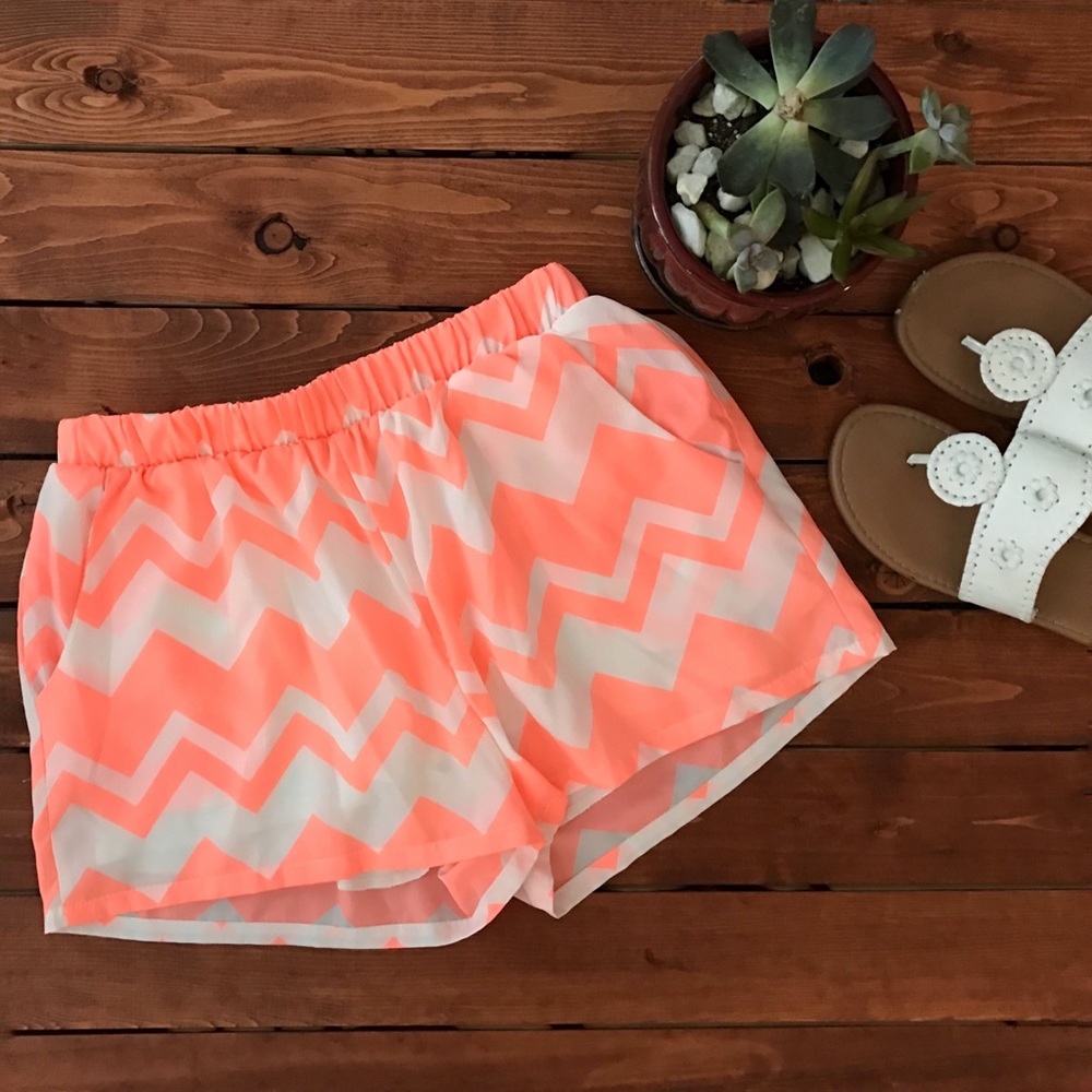 Neon Orange Coral and White Chevron Flowy Shorts