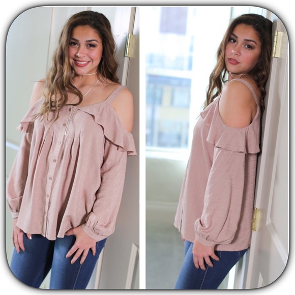HP NWT Feminine Blush Taupe Cold Shoulder Blouse - Picture 2 of 5