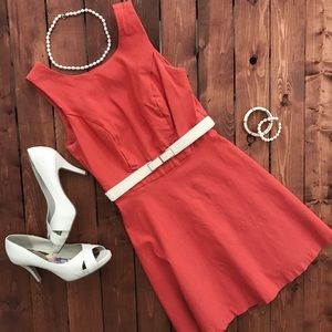 Coral Boat Neck Princess A-Line Dress with Belt