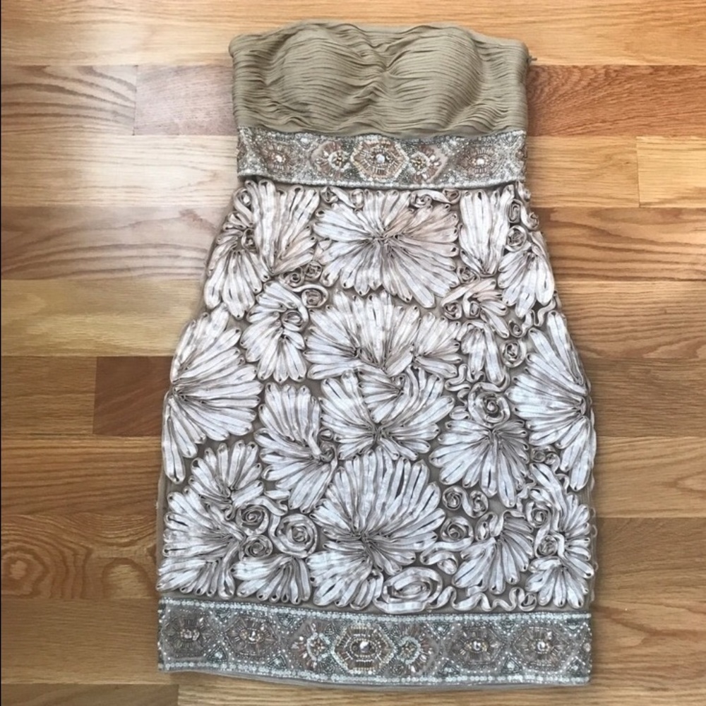 SUE WONG size 0 champagne beaded cocktail dress