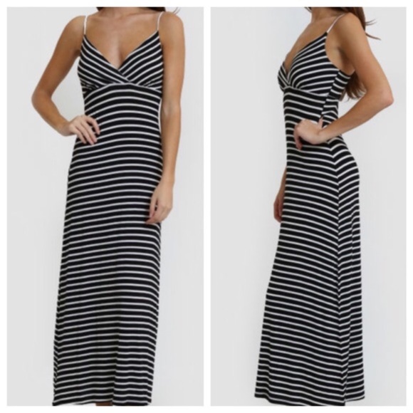 Back2Basics Dresses & Skirts - Black White Striped Spaghetti Strap Maxi Dress