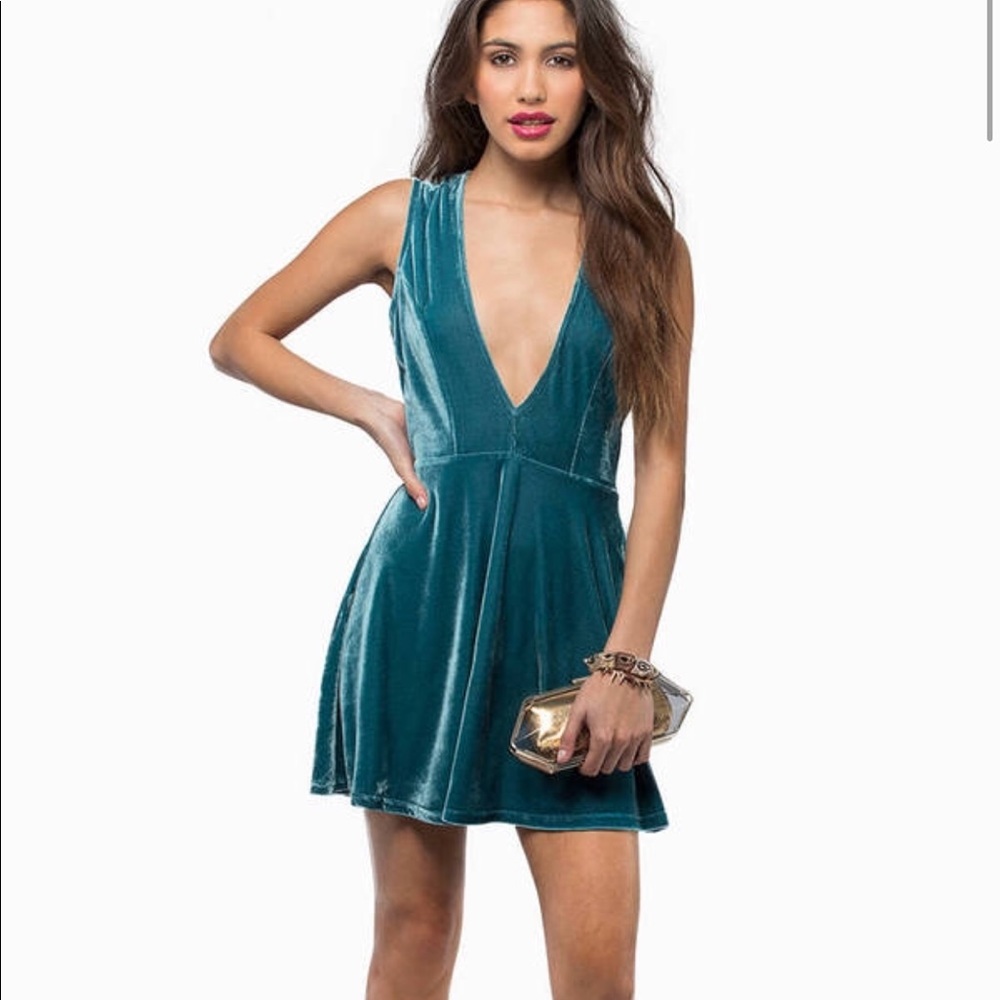 Teal velour deep V dress