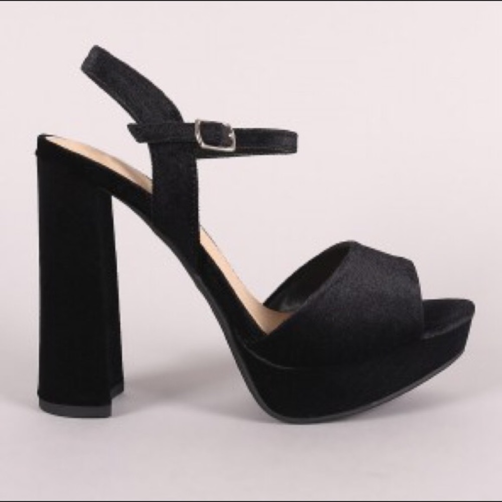 Black Velvet Chunky Heel Sandals - Picture 3 of 4