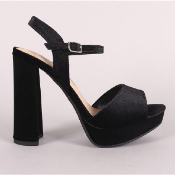 Black Velvet Chunky Heel Sandals - Picture 3 of 4