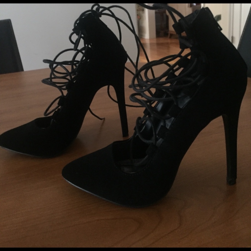 Black Suede Pointed Toe Lace Up Heels