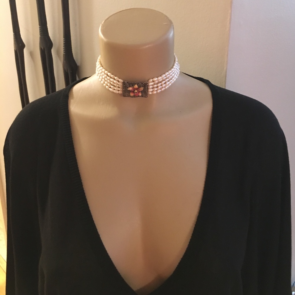 Seed pearl choker orchid enamel focal point