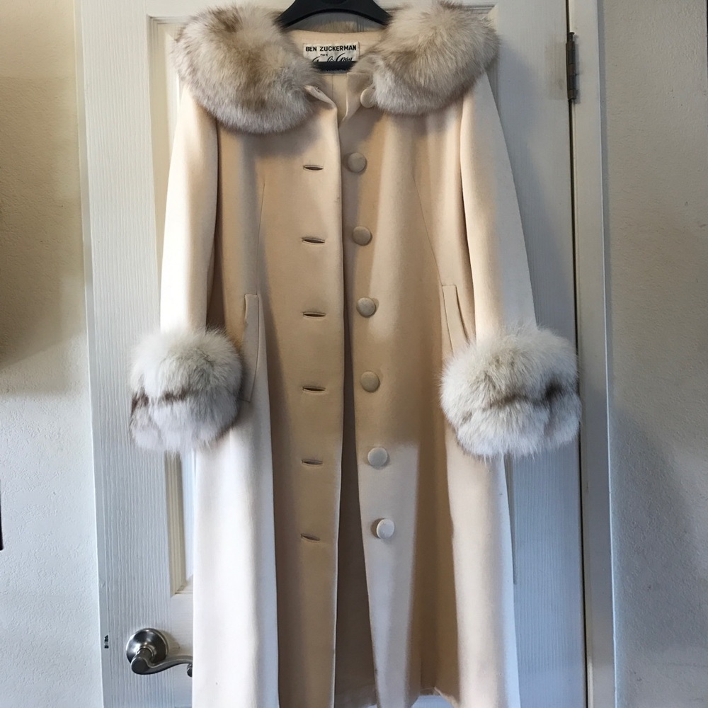Vintage Silver Fox Fur Trimmed Pea Coat