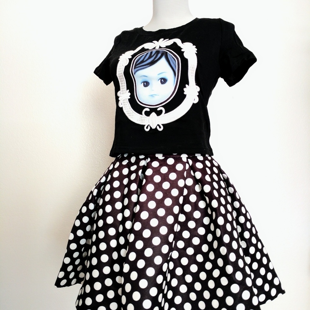 Two piece black and white polka dot mini skirt set