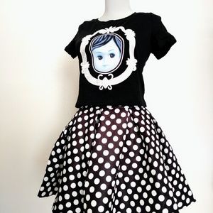 Two piece black and white polka dot mini skirt set