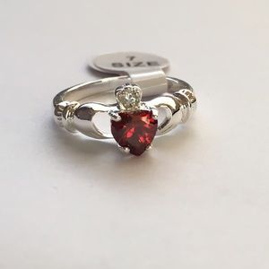 Silver Garnet Heart Stone Irish Claddagh Ring