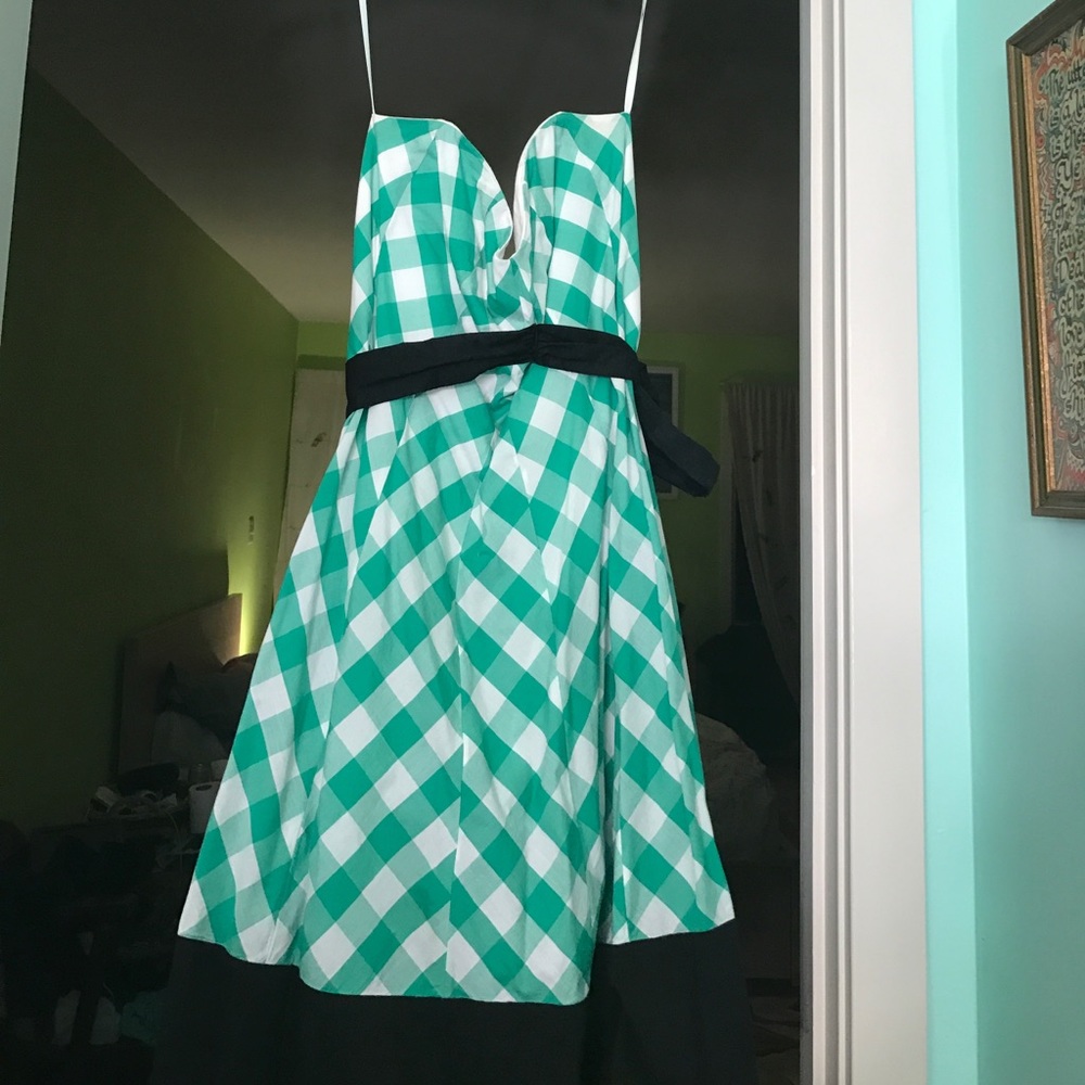 Strapless green and white plaid dress.