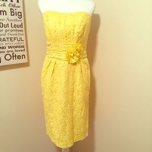 Strapless yellow lace overlay dress