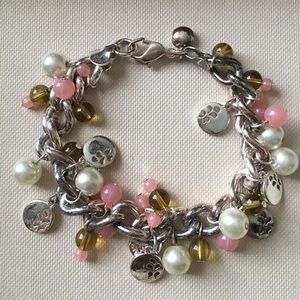 Silver charm bracelet. Pink, olive & pearls!