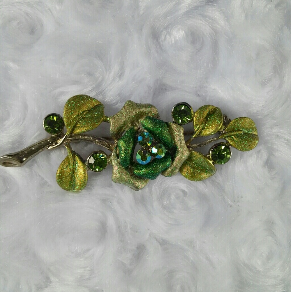 Vintage Sparkly Green Leaf & Flower AB Brooch
