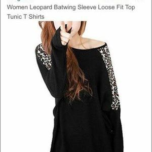 Women Leopard Batwing Sleeve Loose Fit Top.